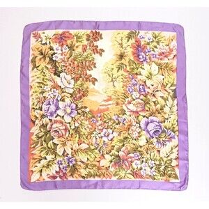 VTG Plymouth 100% Silk Scarf Made Italy Purple Edge Floral Landscape Print